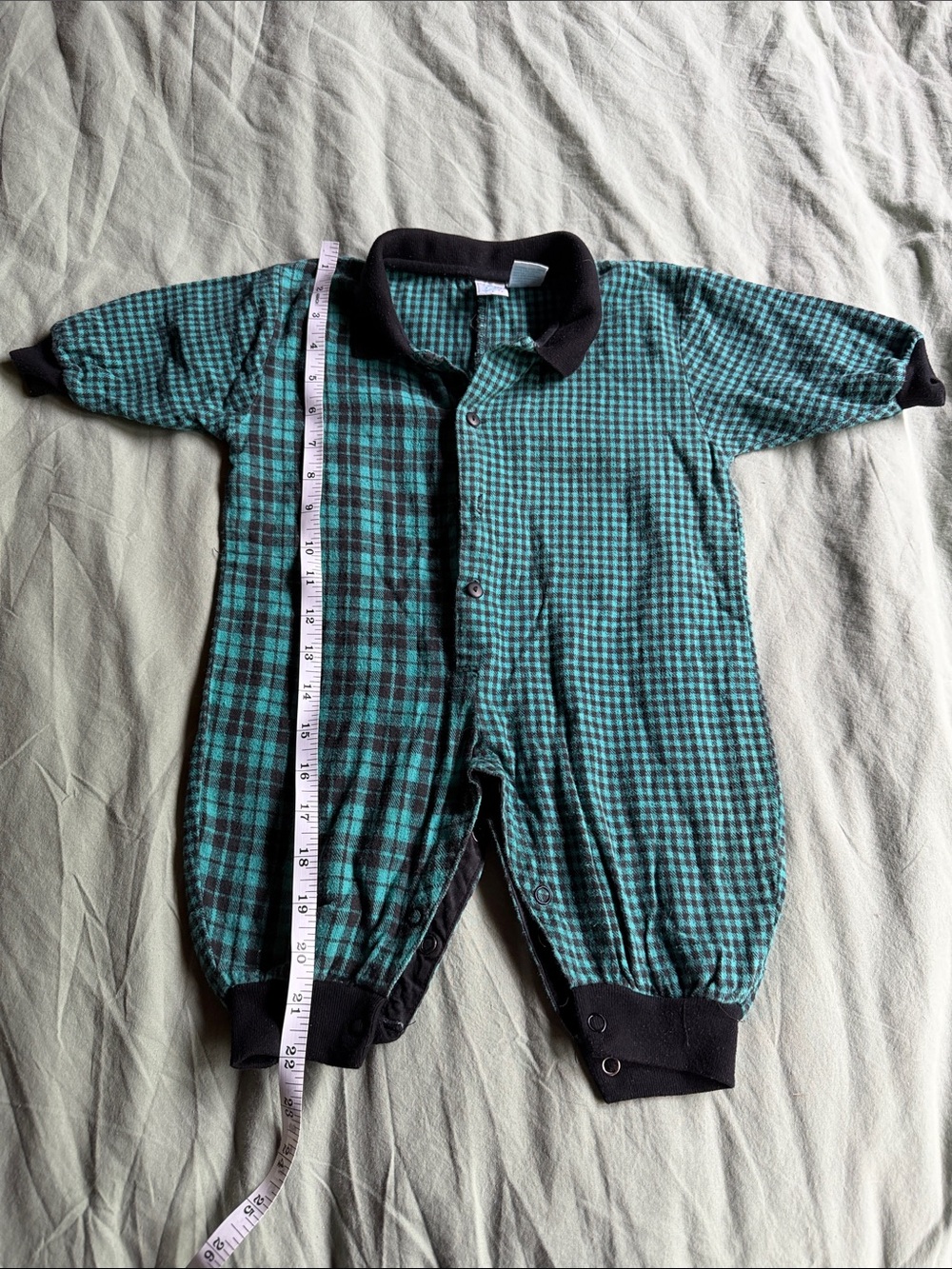 Miracle Green Plaid Footed One-Piece with Black Trim